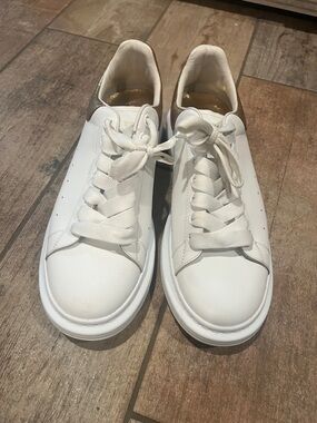 Alexander McQueen White Leather Sneakers with Metallic Gold Heel Accent